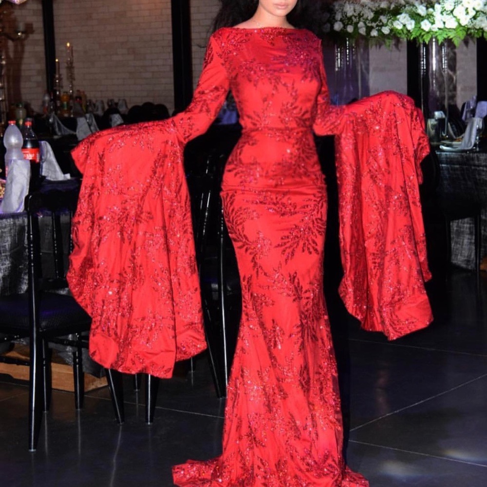 Stunning Red glittery wide sleeve gown dress